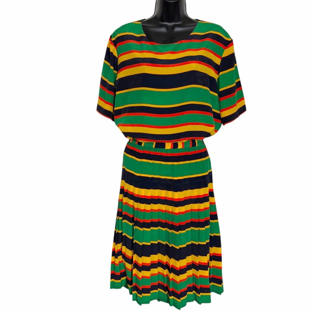 VINTAGE 80s 90s COLORFUL STRIPE TAN JAY SKIRT BLOUSE SET RETRO FUNKY SIZE 12